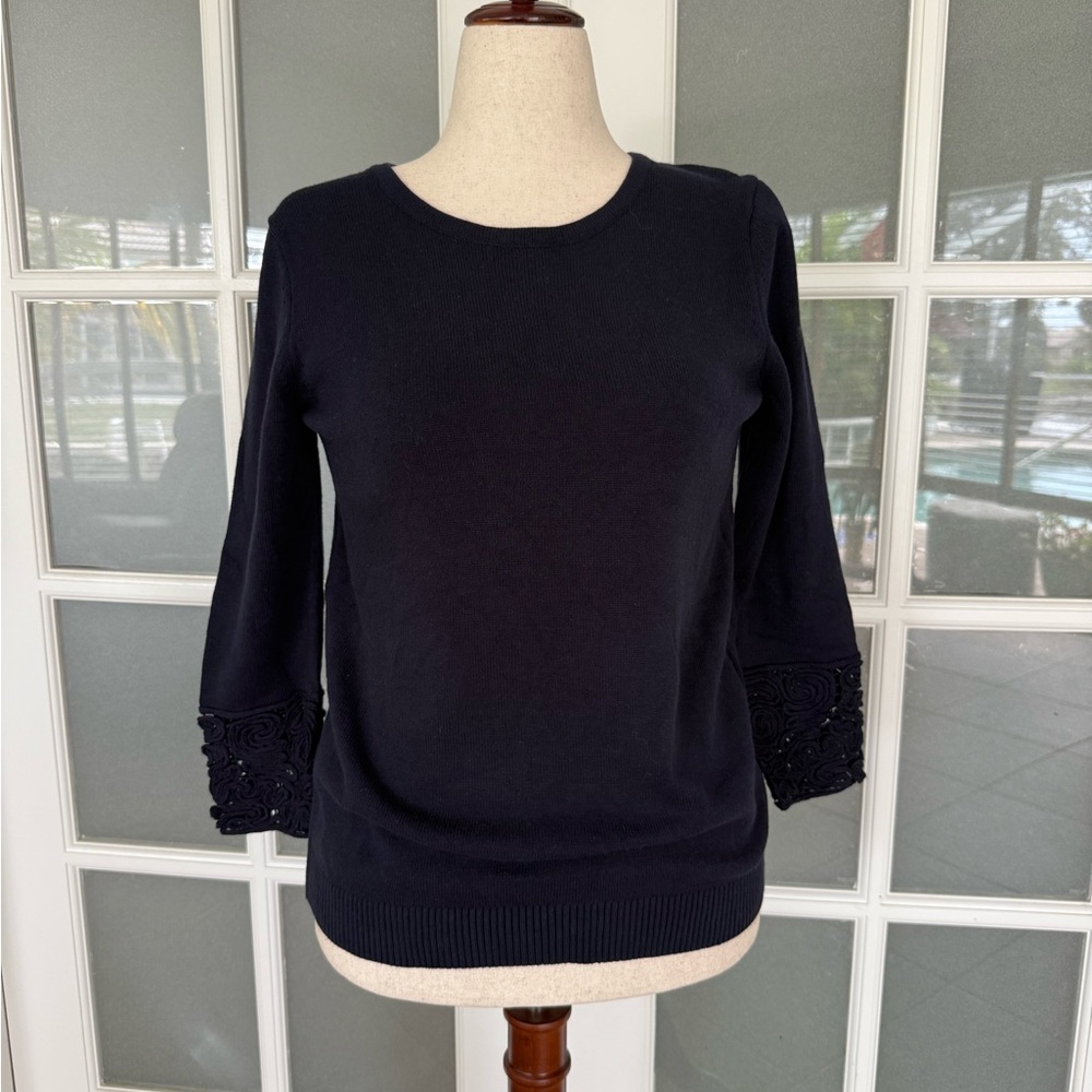 Bass Navy Knit Sweater w/ Crochet Cuff – Small NWT